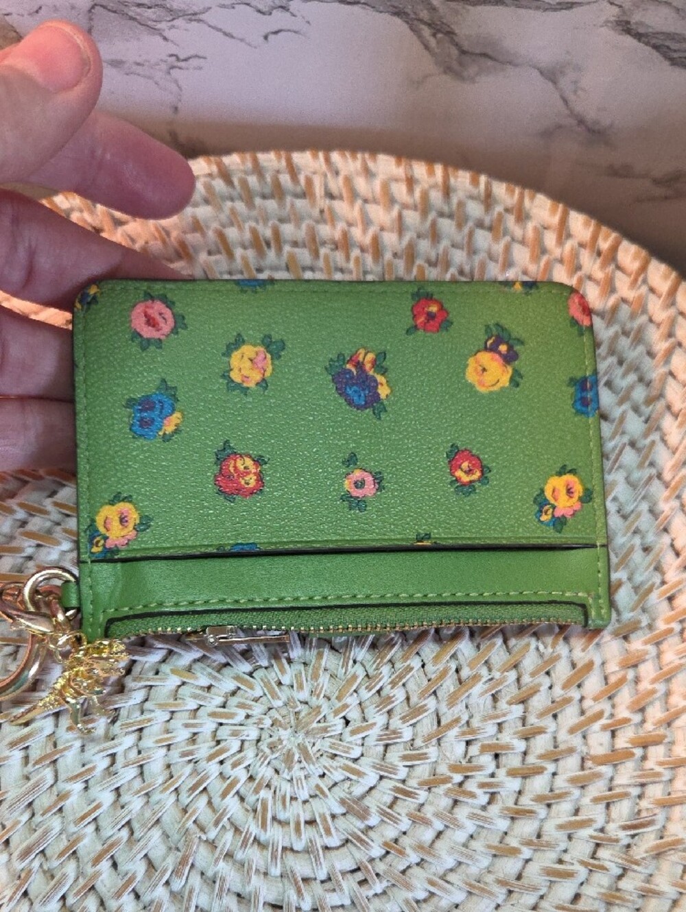Coach Green Floral Leather Card Case Keyring - Picture 3 of 4
